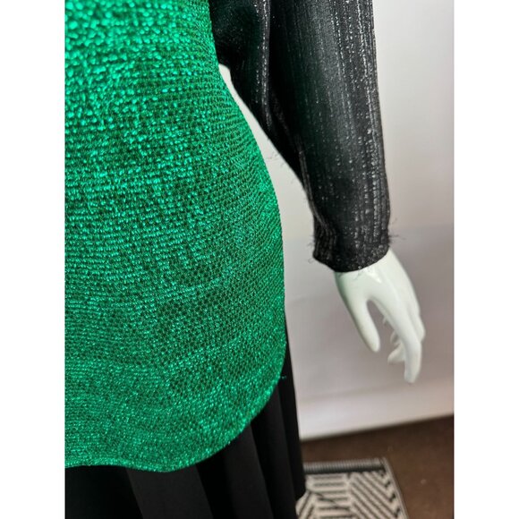 Vintage Green & Black Metallic Knit Long-Sleeve Top With Tie-Neck Detail - Picture 13 of 16